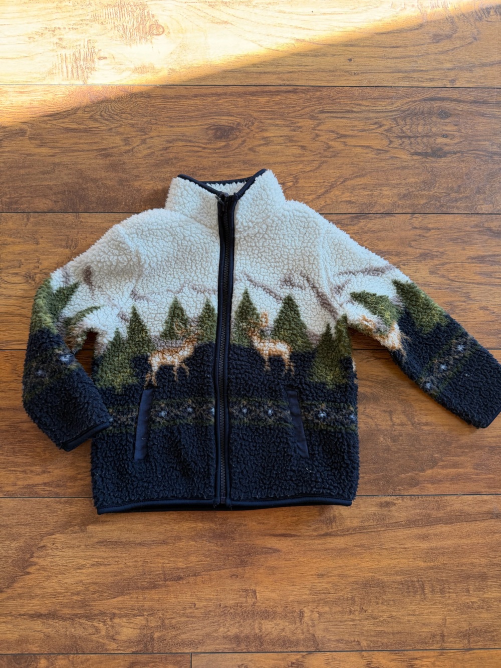 Old Navy Kids Sherpa Jacket with Forest & Deer Pattern - Navy, Cream, Green